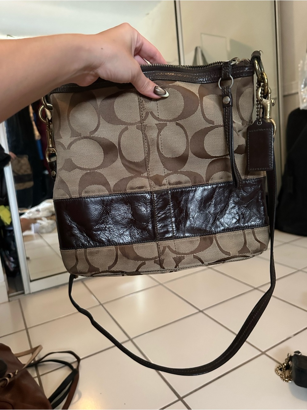 Coach Signature Crossbody in Khaki and Dark Brown